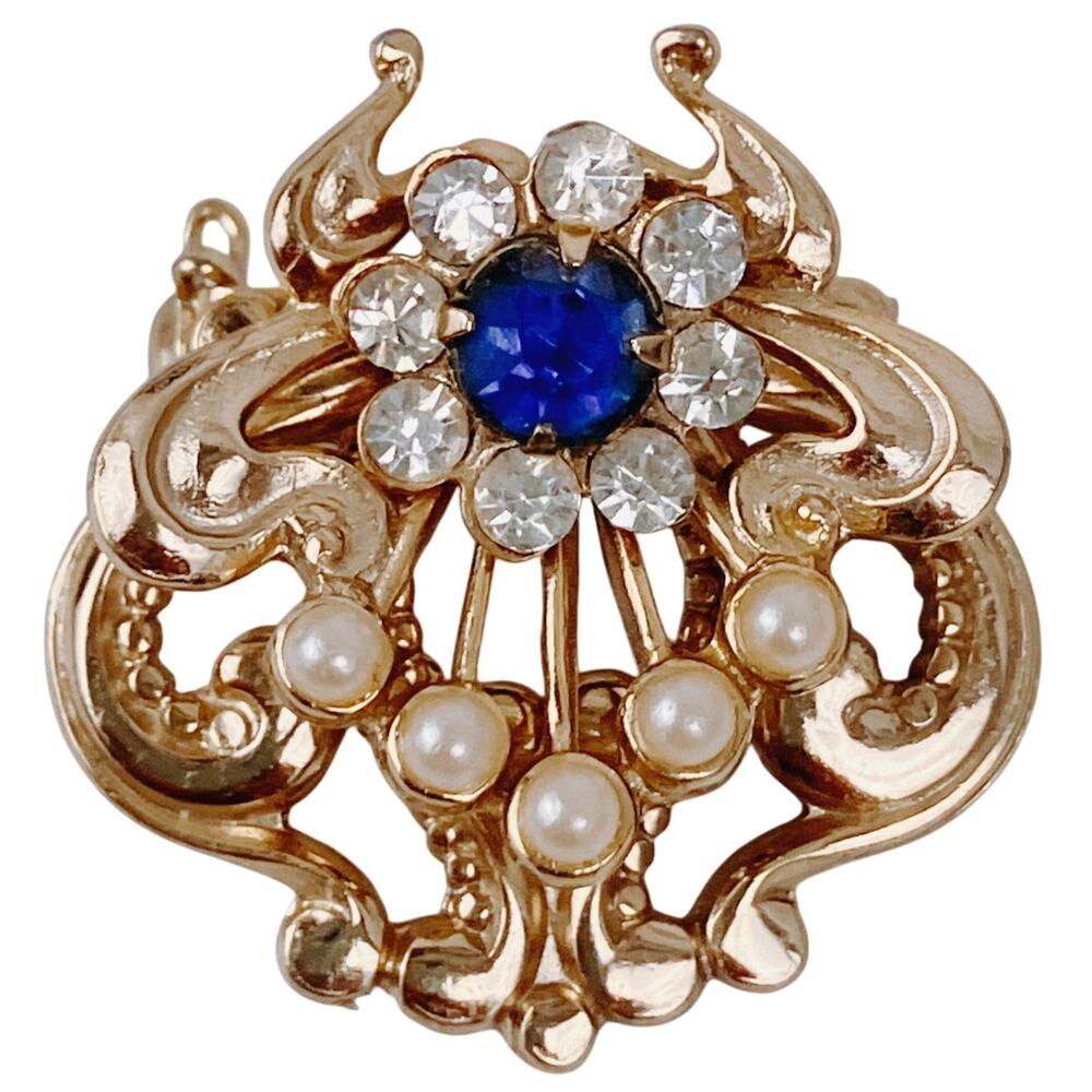 Vintage Blue Glass Brooch Faux Pearl Gold Tone 1950s Art Nouveau Pin